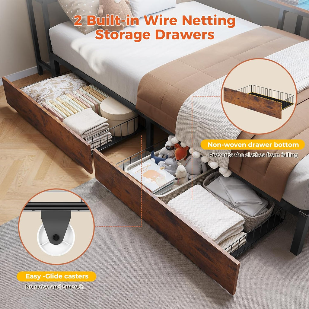 DICTAC Twin Corner Bed Frame with Bookcase Storage Headboard and Led Lights Twin Size Metal Platform Bed Frames with 2 Drawers and Charging Station,Twin Size Daybed with Storage for Kids Teen,Rustic