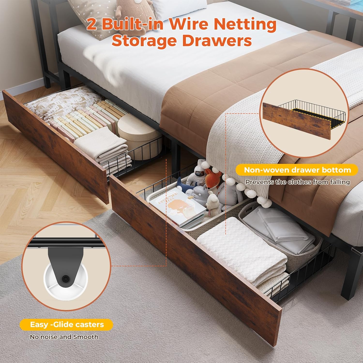 DICTAC Twin Corner Bed Frame with Bookcase Storage Headboard and Led Lights Twin Size Metal Platform Bed Frames with 2 Drawers and Charging Station,Twin Size Daybed with Storage for Kids Teen,Rustic