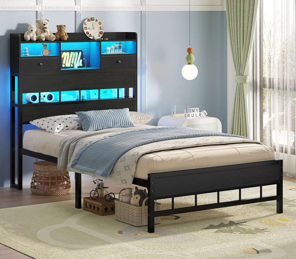 BTHFST Twin Bed Frames with Headboard & Charging Station, LED Bed Frame Twin with 5 Storage Shelves & Under Bed Storage, Platform Bed Frames for Kids, No Box Spring Needed, Black