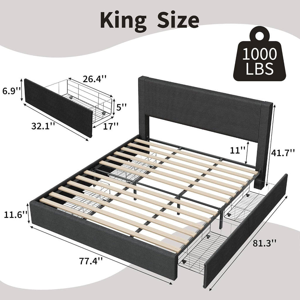IDEALHOUSE King Size Bed Frame with Tufted Wingback Headboard, Platform Corduroy Upholstered Bed Frame with 4 Storage Drawers and Wooden Slats Support, No Box Spring Needed, Black
