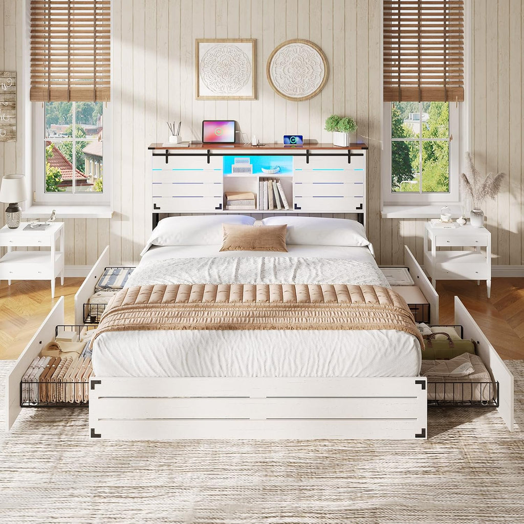 VIAGDO Wooden Bed Frame Full Size with Bookcase Headboard and Sliding Barn Door, Farmhouse Bed Frame Full Size with Charging Station, LED Lights and 4 Storage Drawers, No Box Spring Needed, White