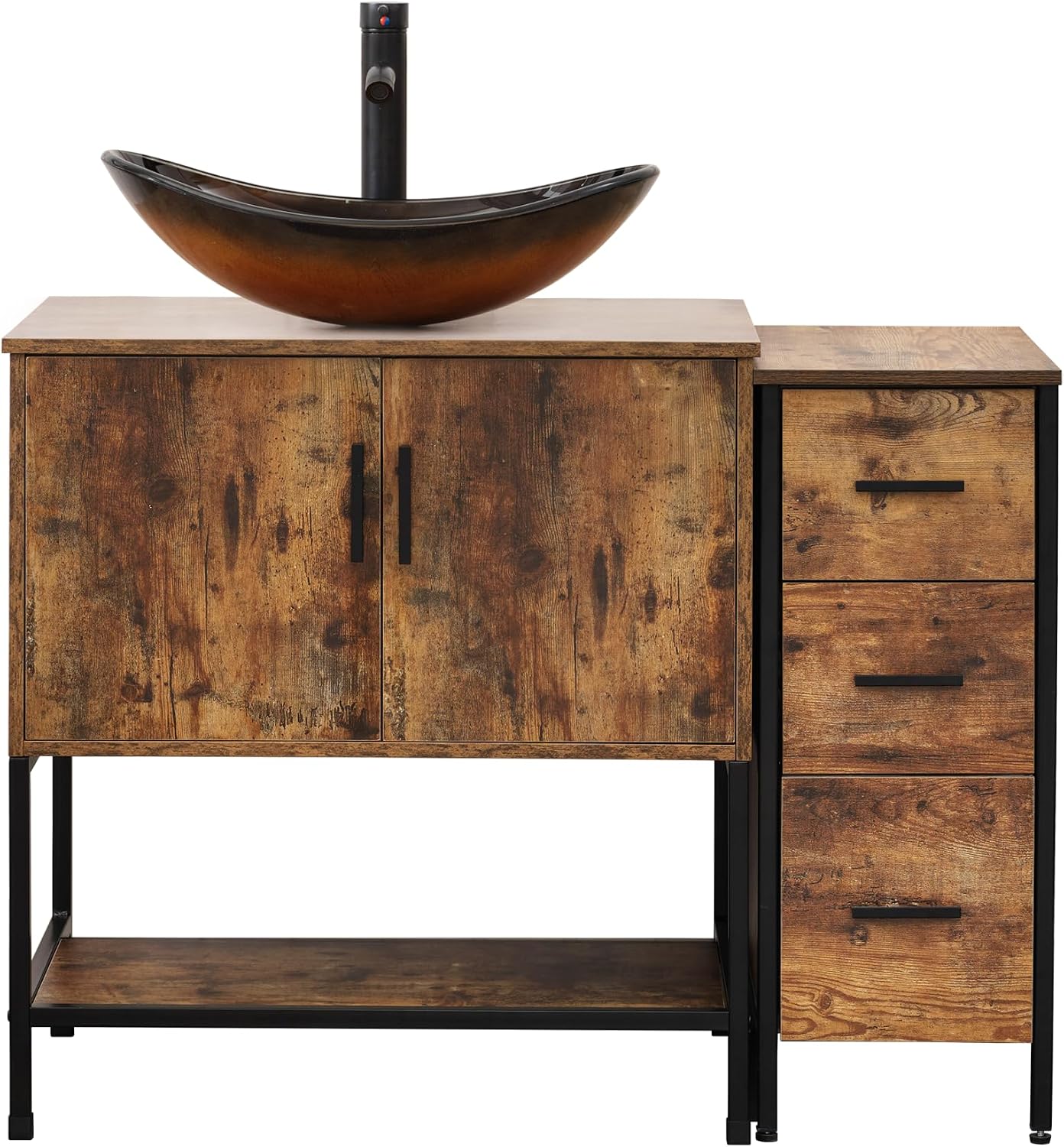 UEV 42' Rustic Brown Bathroom Vanity with Sink Combo,Industrial Iron Frame Bathroom Cabinet Sets with 3 Drawers Side Cabinet,Modern Brown Boat Tempered Glass Vessel Sink(029BR)