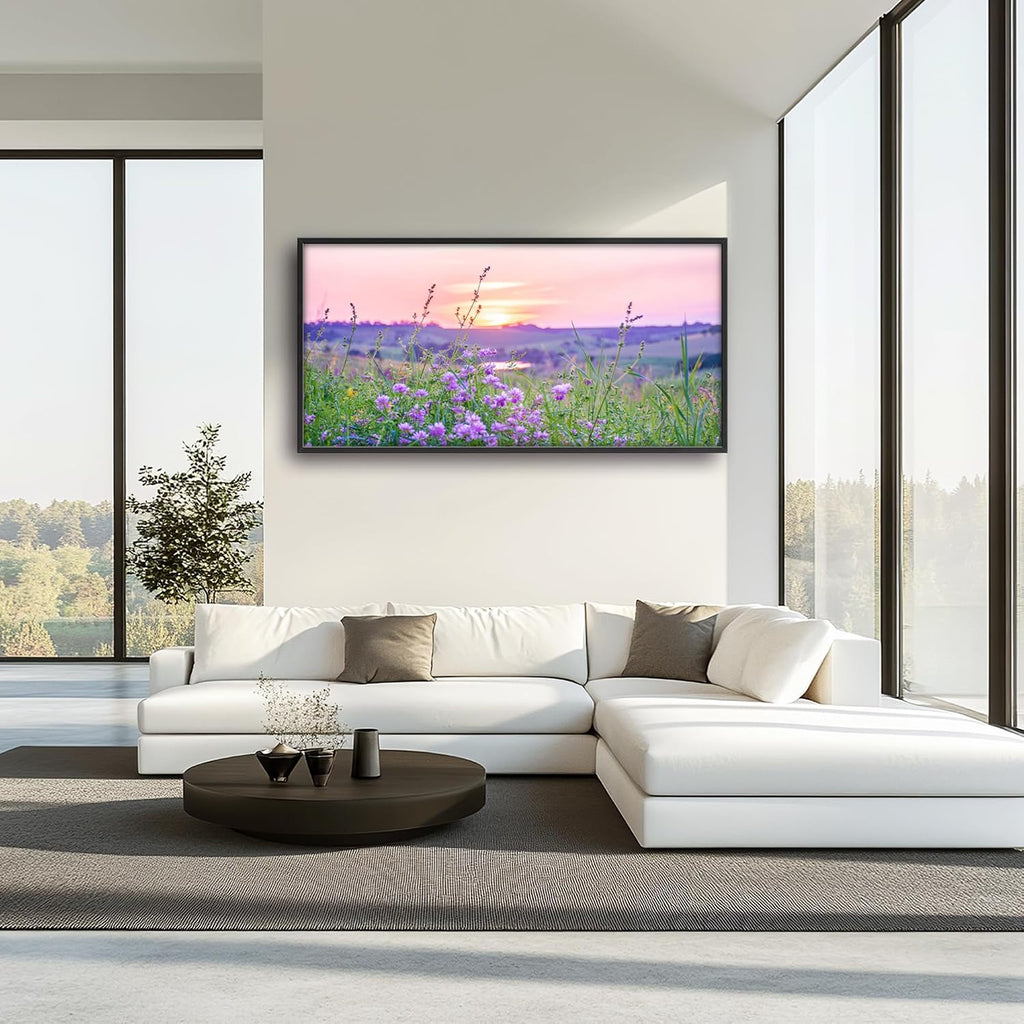 Nature Scenery Large Wall Art Sunset Framed Wall Decor for Living Room Countryside Wildflowers Pictures Oversized Canvas Print Painting Modern Extra Large Framed Artwork for Bedroom Office 60'x30'