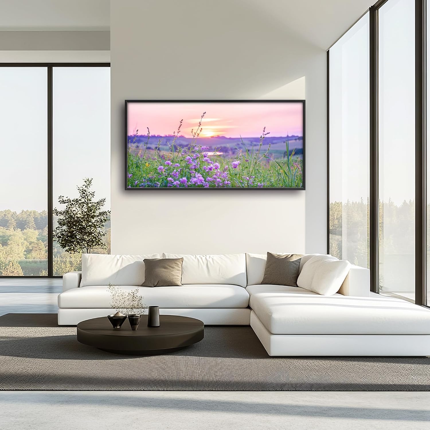 Nature Scenery Large Wall Art Sunset Framed Wall Decor for Living Room Countryside Wildflowers Pictures Oversized Canvas Print Painting Modern Extra Large Framed Artwork for Bedroom Office 60'x30'