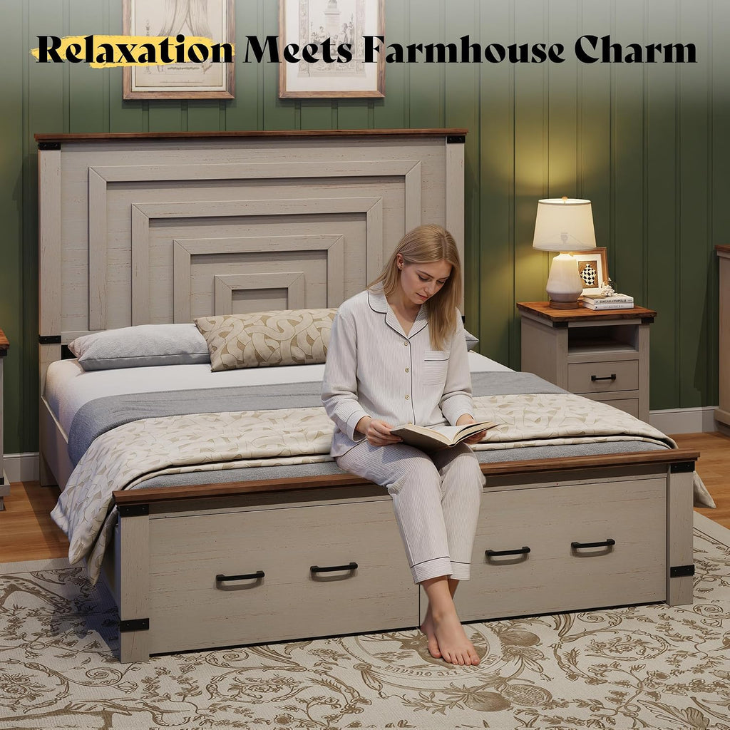AMERLIFE Farmhouse Full Size Bed Frame with 54' Tall Geometric Headboard & Footboard, Rustic Wood Platform Bed Frame with Large Storage Drawers, Wood Slats Support, No Box Spring Needed, Rustic White
