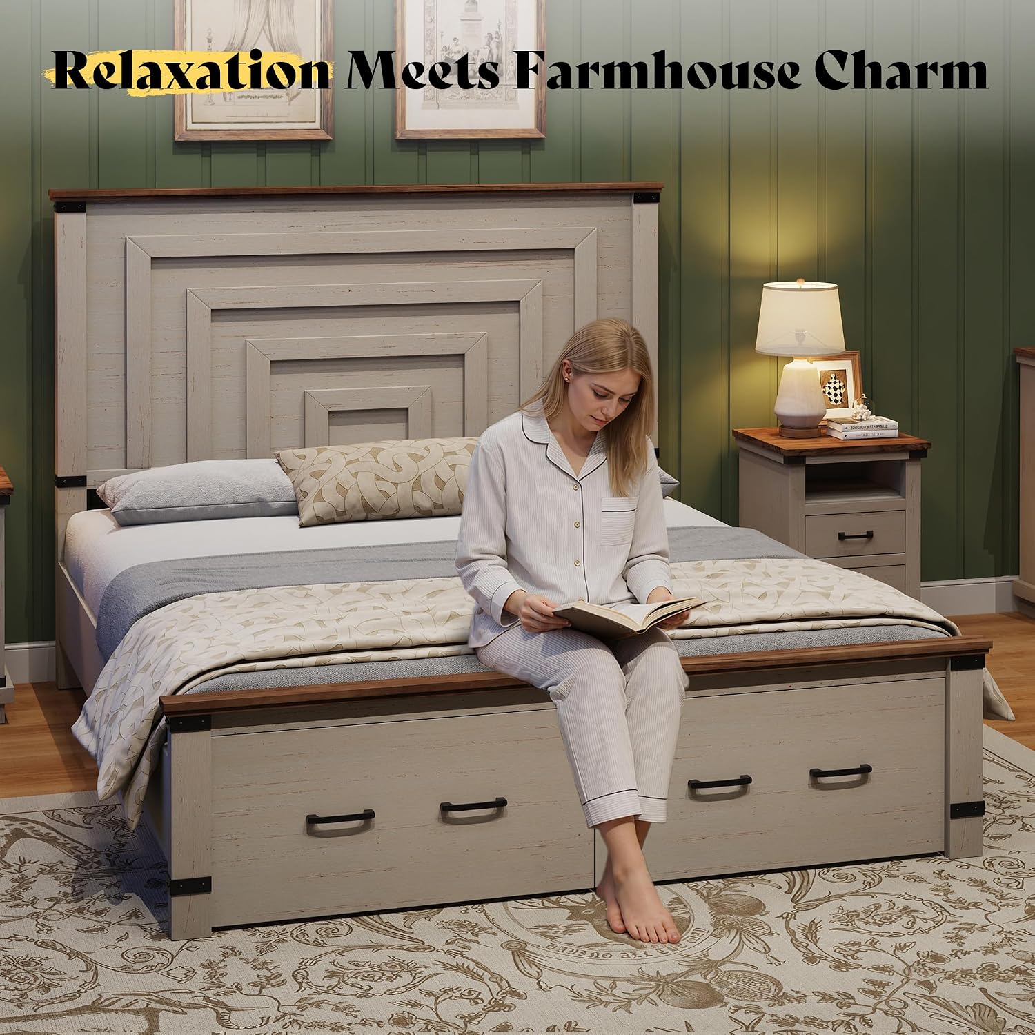 AMERLIFE Farmhouse Full Size Bed Frame with 54' Tall Geometric Headboard & Footboard, Rustic Wood Platform Bed Frame with Large Storage Drawers, Wood Slats Support, No Box Spring Needed, Rustic White