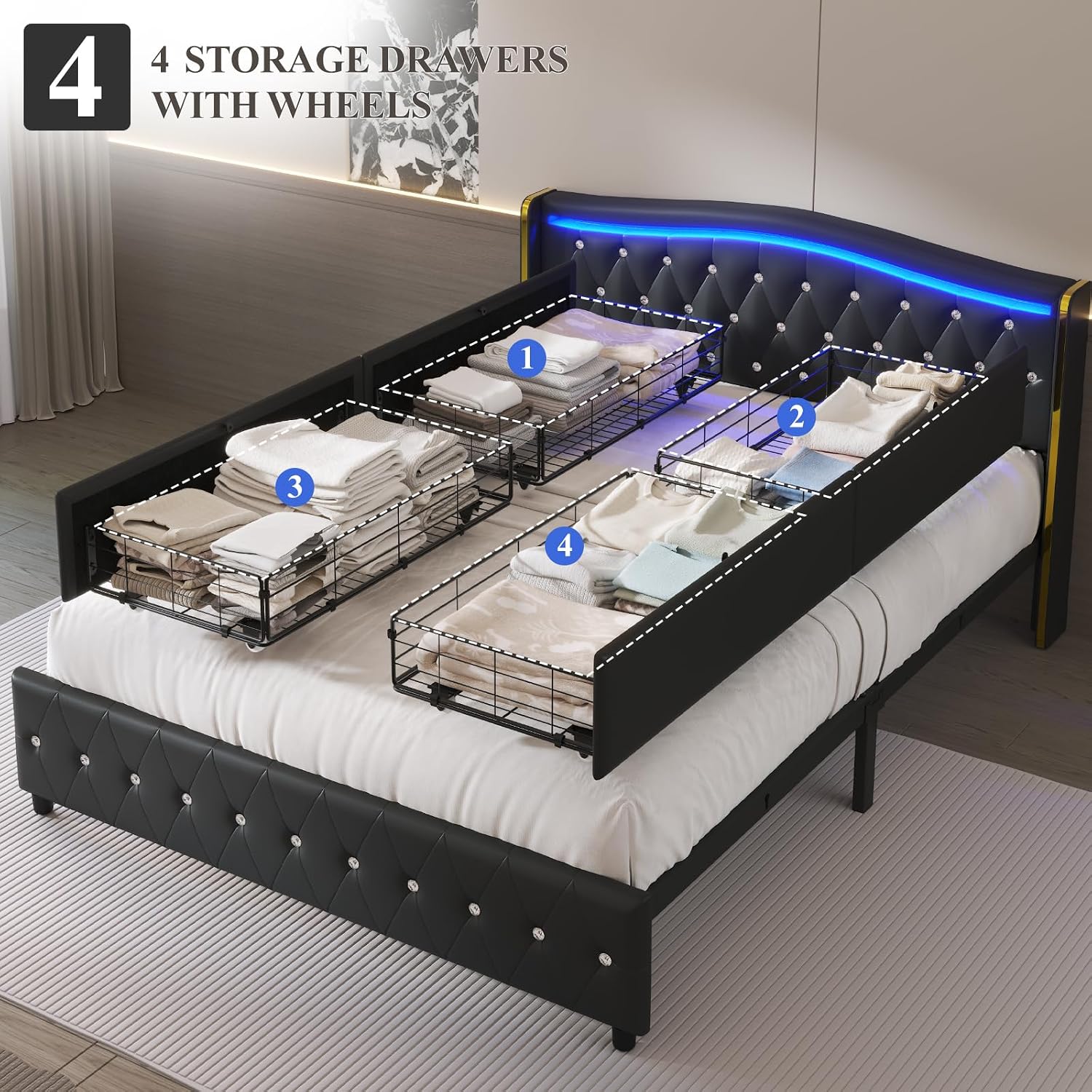 E-Motie Queen Bed Frame with Wingback Headboard, Upholstered Platform Bed with RGB LED Lights, Charging Station, 4 Storage Drawers & Metal Slat Support, No Box Spring Needed, Black
