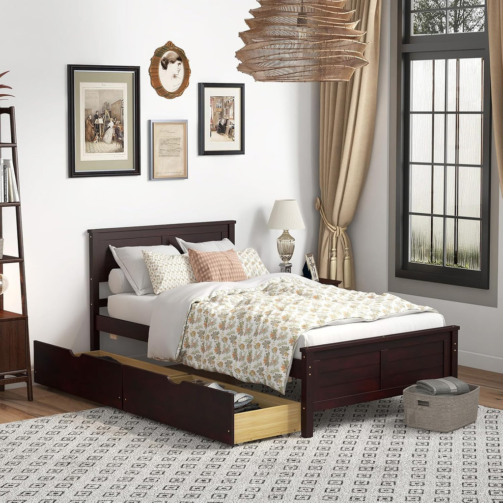 GOFLAME Twin Size Bed Frame with 2 Drawers, Platform Bed with Solid Wood Headboard & Footboard, Wood Slats Support Mattress Foundation, Under Bed Storage, No Box Spring Needed, Easy Assembly, Espresso
