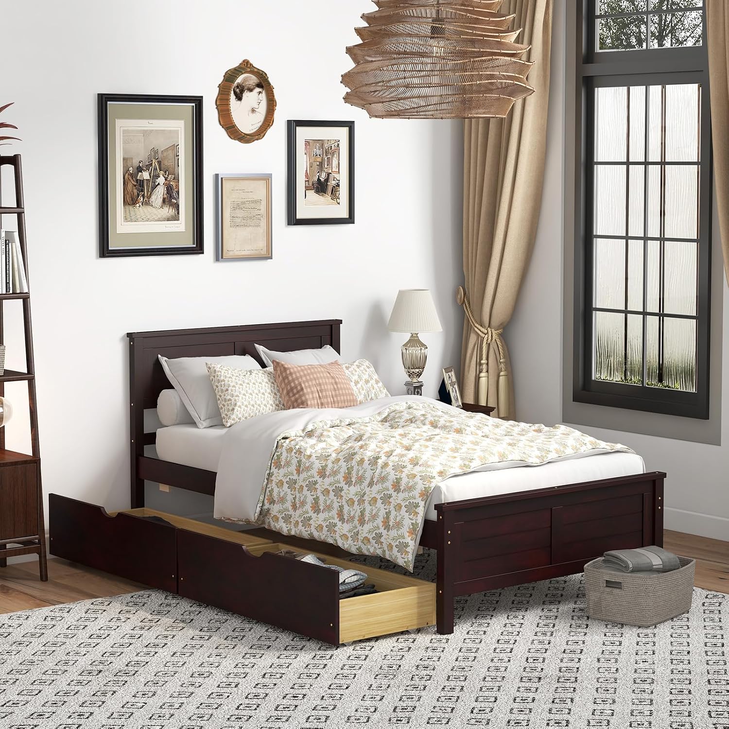 GOFLAME Twin Size Bed Frame with 2 Drawers, Platform Bed with Solid Wood Headboard & Footboard, Wood Slats Support Mattress Foundation, Under Bed Storage, No Box Spring Needed, Easy Assembly, Espresso