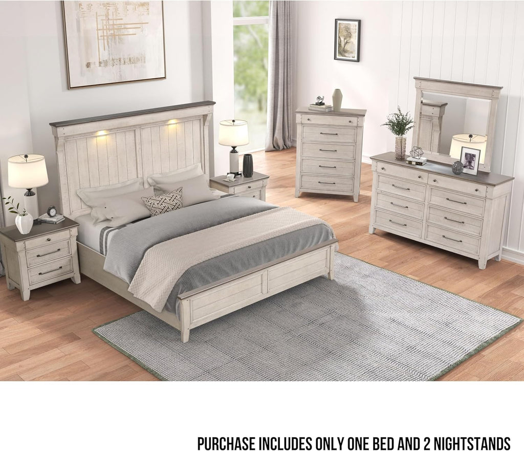 Roundhill Furniture Walcott 3-Piece Bedroom Set with Touch LED Lighting, Weathered Dusty-Taupe Finish, King