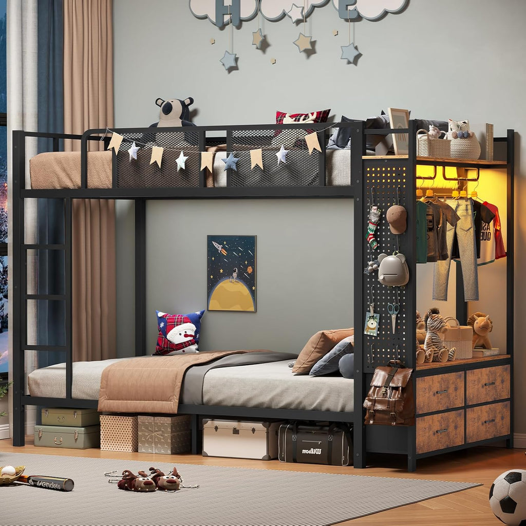 Itaar Metal Bunk Bed Twin Over Twin with Hall Tree, Power Outlet, LED Bunk Bed with 4 Storage Drawers, Bed with Safety Guardrail & Ladders, No Box Spring Needed, Easy Assembly, Rustic Brown