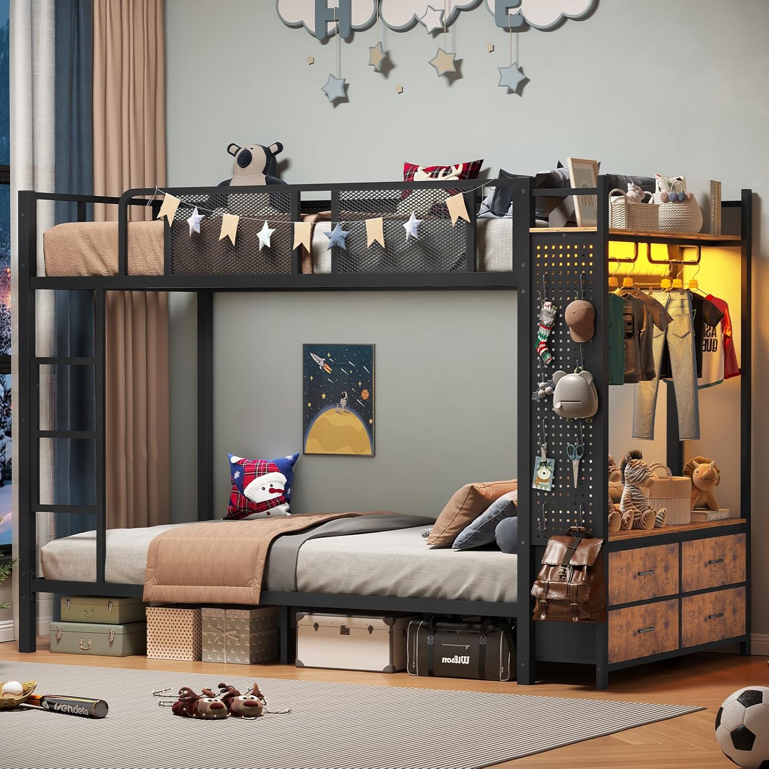 Itaar Metal Bunk Bed Twin Over Twin with Hall Tree, Power Outlet, LED Bunk Bed with 4 Storage Drawers, Bed with Safety Guardrail & Ladders, No Box Spring Needed, Easy Assembly, Rustic Brown