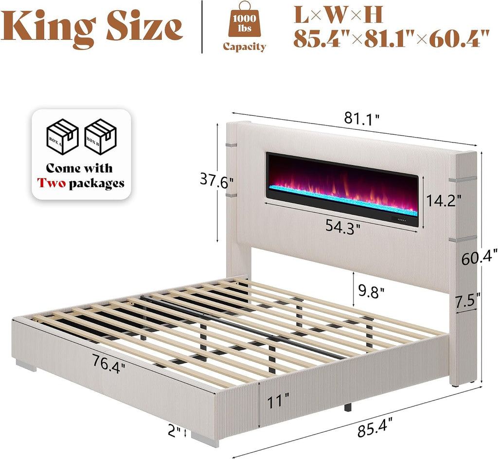 AMERLIFE Modern King Size Bed Frame with Fireplace, Corduroy Upholstered Bed Frame with 60.4' Extra Tall Headboard, Wingback Platform Bed Frame Wooden Slats/No Box Spring Needed, Beige