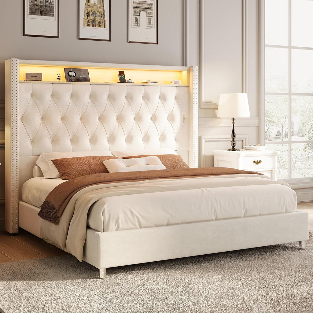 Jocisland 53.2'' Queen Size Bed Frame with Tall Storage Headboard, LED Lights & Charging Station, Velvet High Upholstered Button Tufted Wingback Platform Bed, No Box Spring Needed, Cream