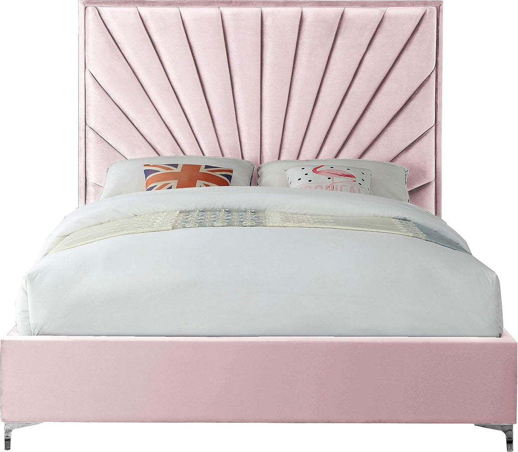 Meridian Furniture Eclipse Collection Modern | Contemporary Velvet Upholstered Bed with Channel Tufted Design and Complete Sets of Gold and Chrome Legs Included, Full, Pink