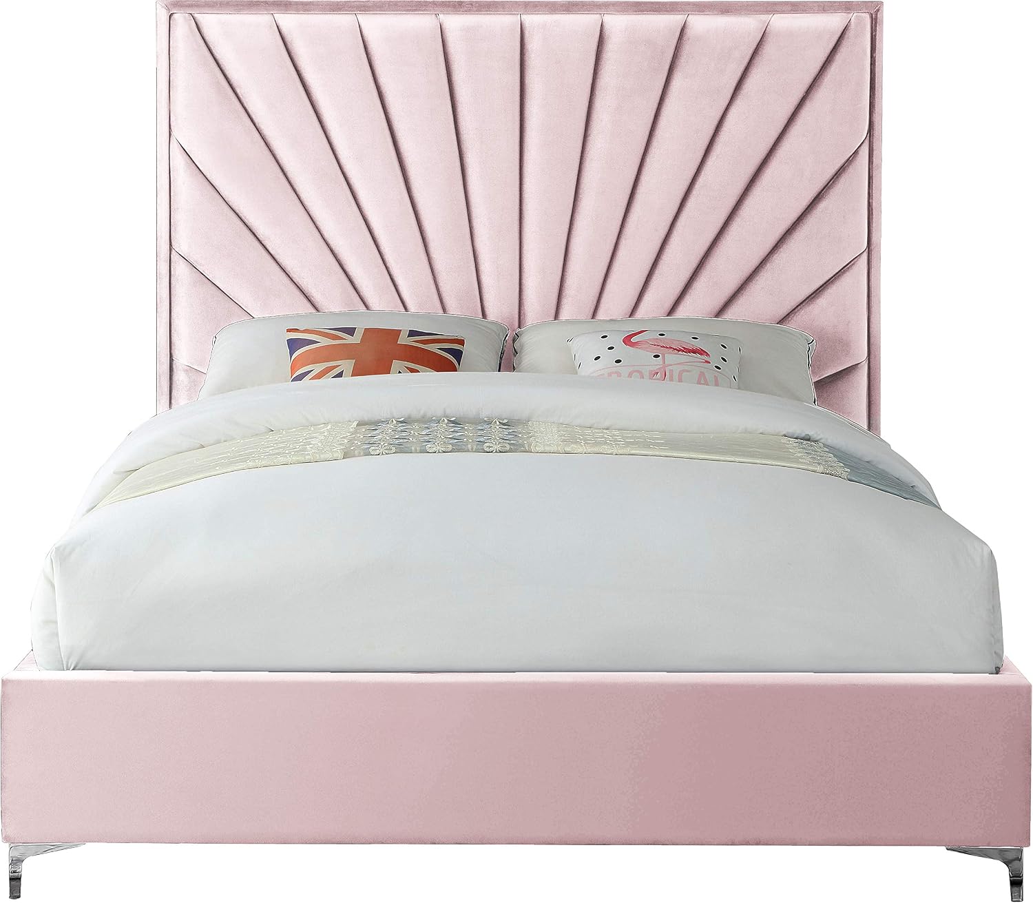 Meridian Furniture Eclipse Collection Modern | Contemporary Velvet Upholstered Bed with Channel Tufted Design and Complete Sets of Gold and Chrome Legs Included, Full, Pink