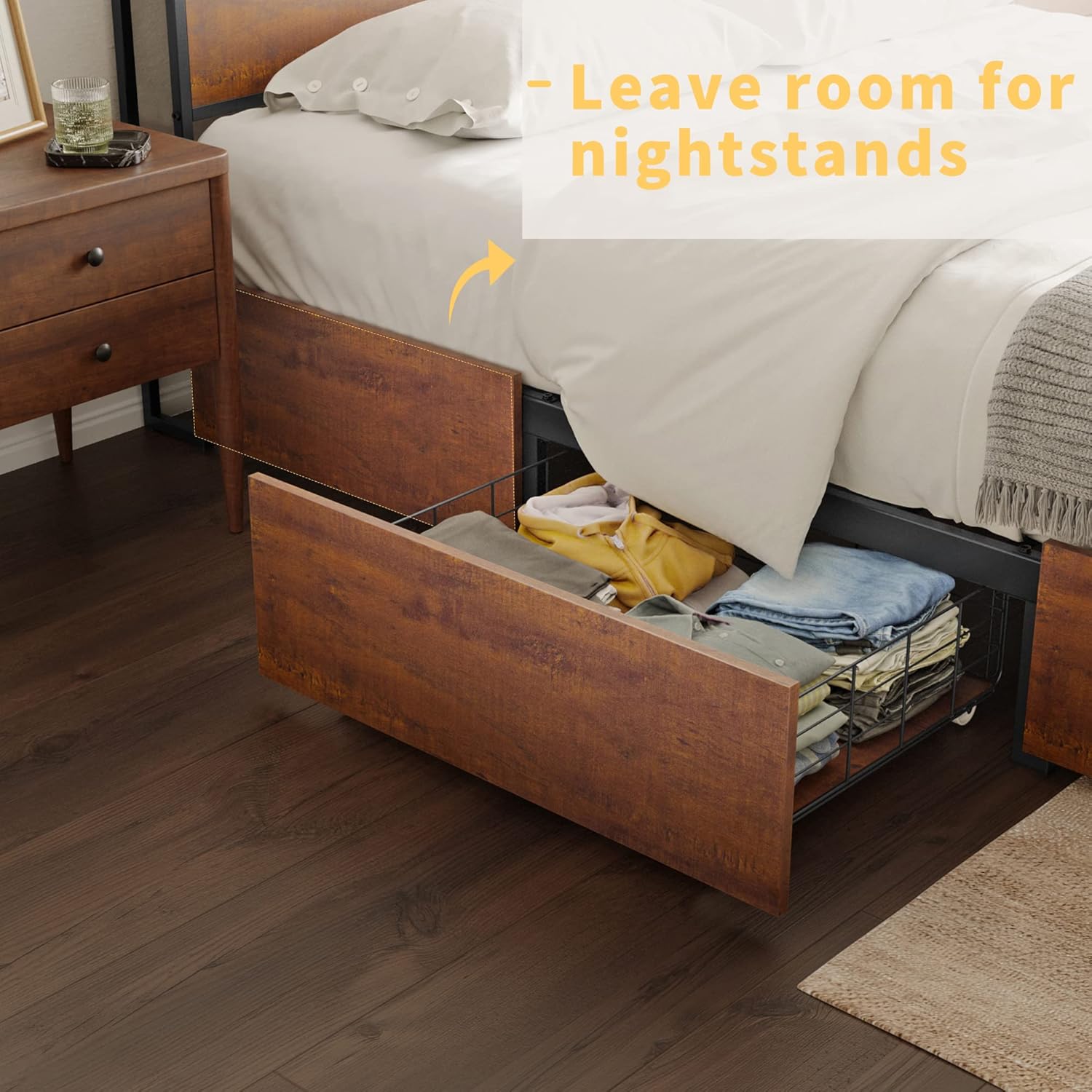 HAUSOURCE Queen Bed Frame with 4 Storage Drawers Metal Platform Bed Frame Queen Size with Headboard Charging Station LED Lights Non-Slip Without Noise No Box Spring Needed