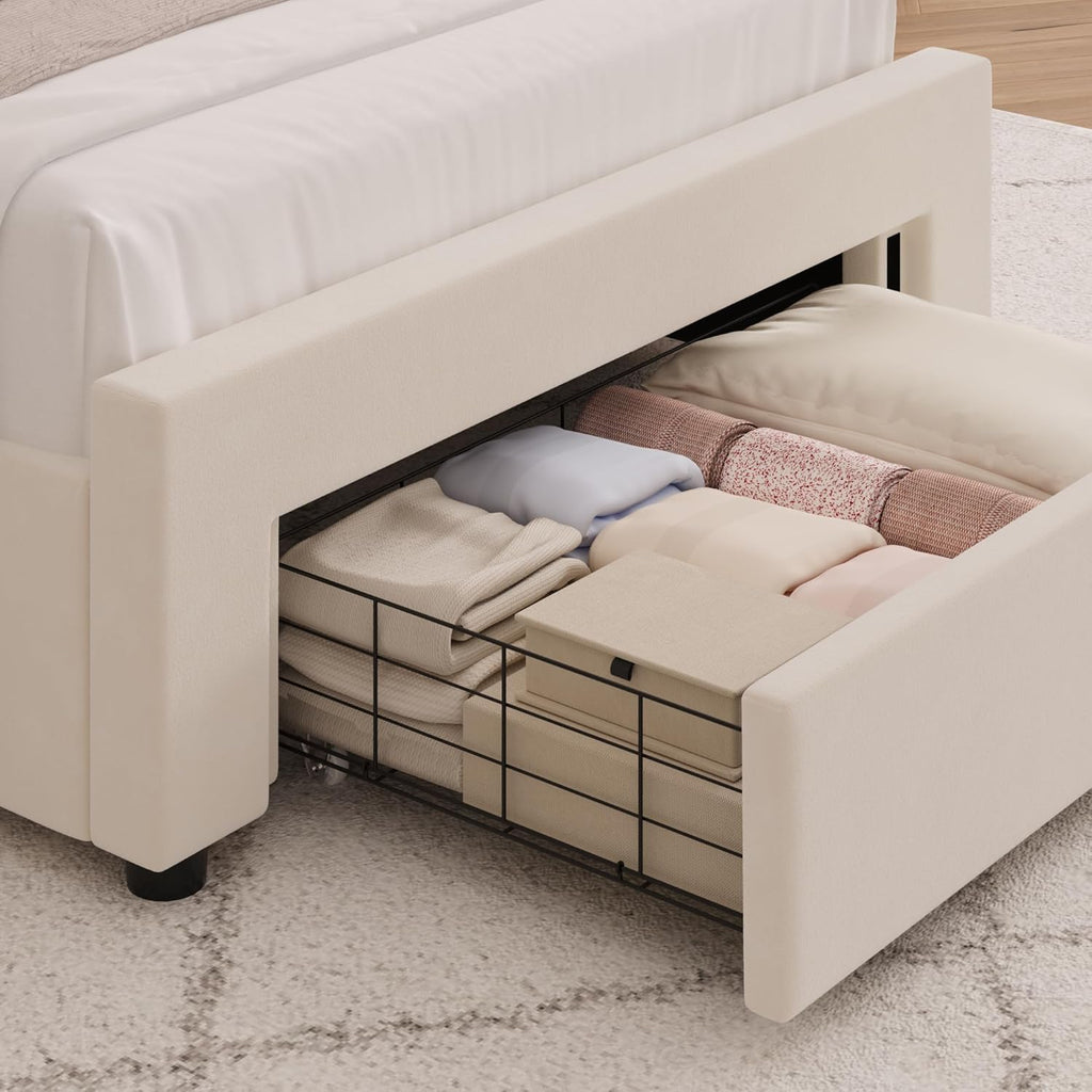 HITHOS 2 Set Twin Upholstered LED Bed Frame with Storage Drawer, Velvet Kids Bed with Headboard, Princess Twin Platform Bed for Girls/Kids, Solid Wood Slats Support, No Box Spring Needed (Beige)