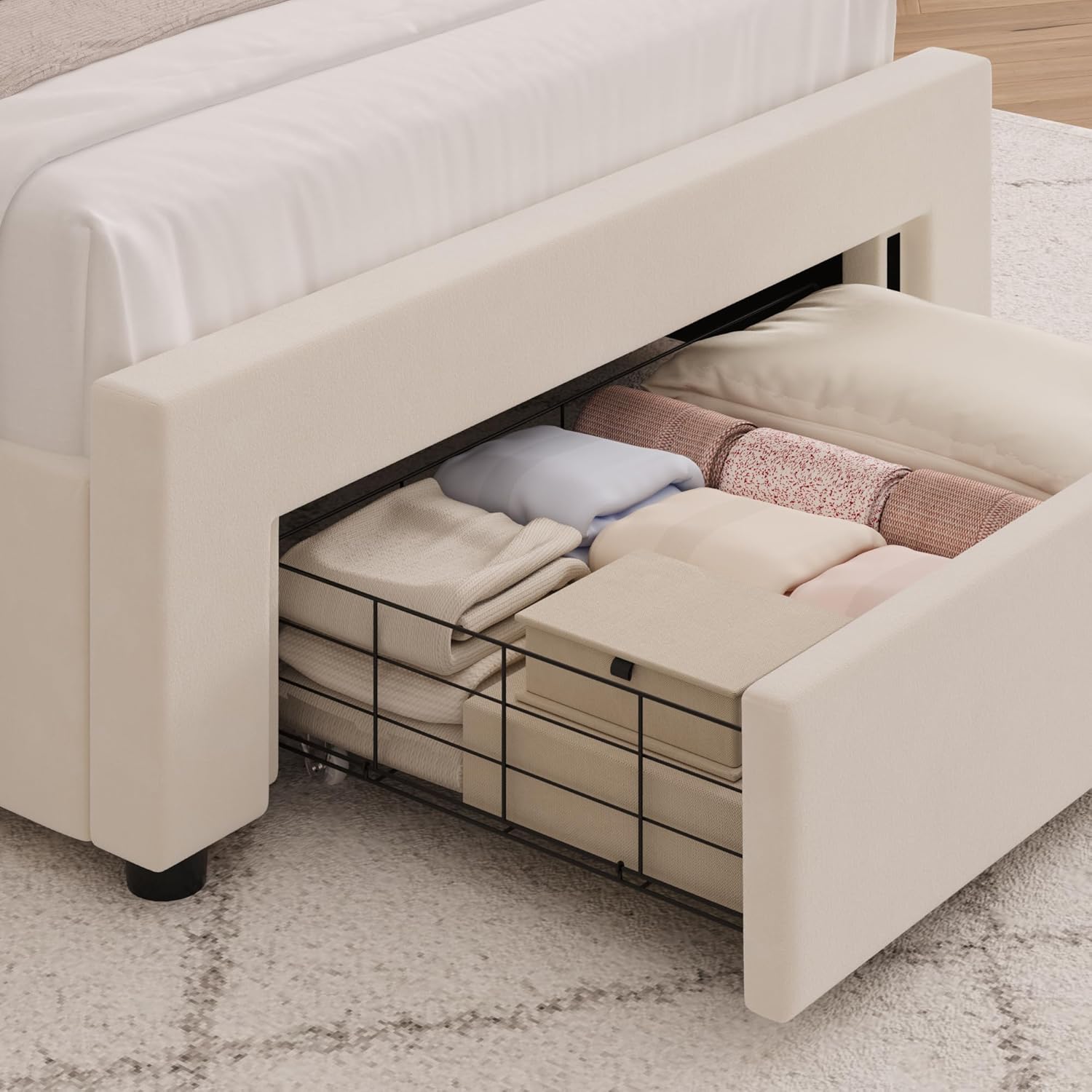 HITHOS 2 Set Twin Upholstered LED Bed Frame with Storage Drawer, Velvet Kids Bed with Headboard, Princess Twin Platform Bed for Girls/Kids, Solid Wood Slats Support, No Box Spring Needed (Beige)