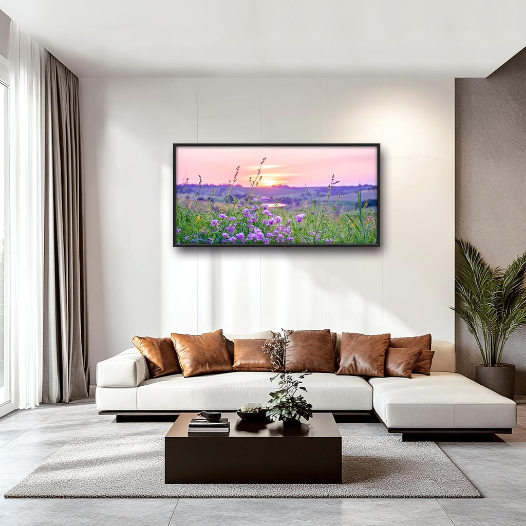 Nature Scenery Large Wall Art Sunset Framed Wall Decor for Living Room Countryside Wildflowers Pictures Oversized Canvas Print Painting Modern Extra Large Framed Artwork for Bedroom Office 60'x30'