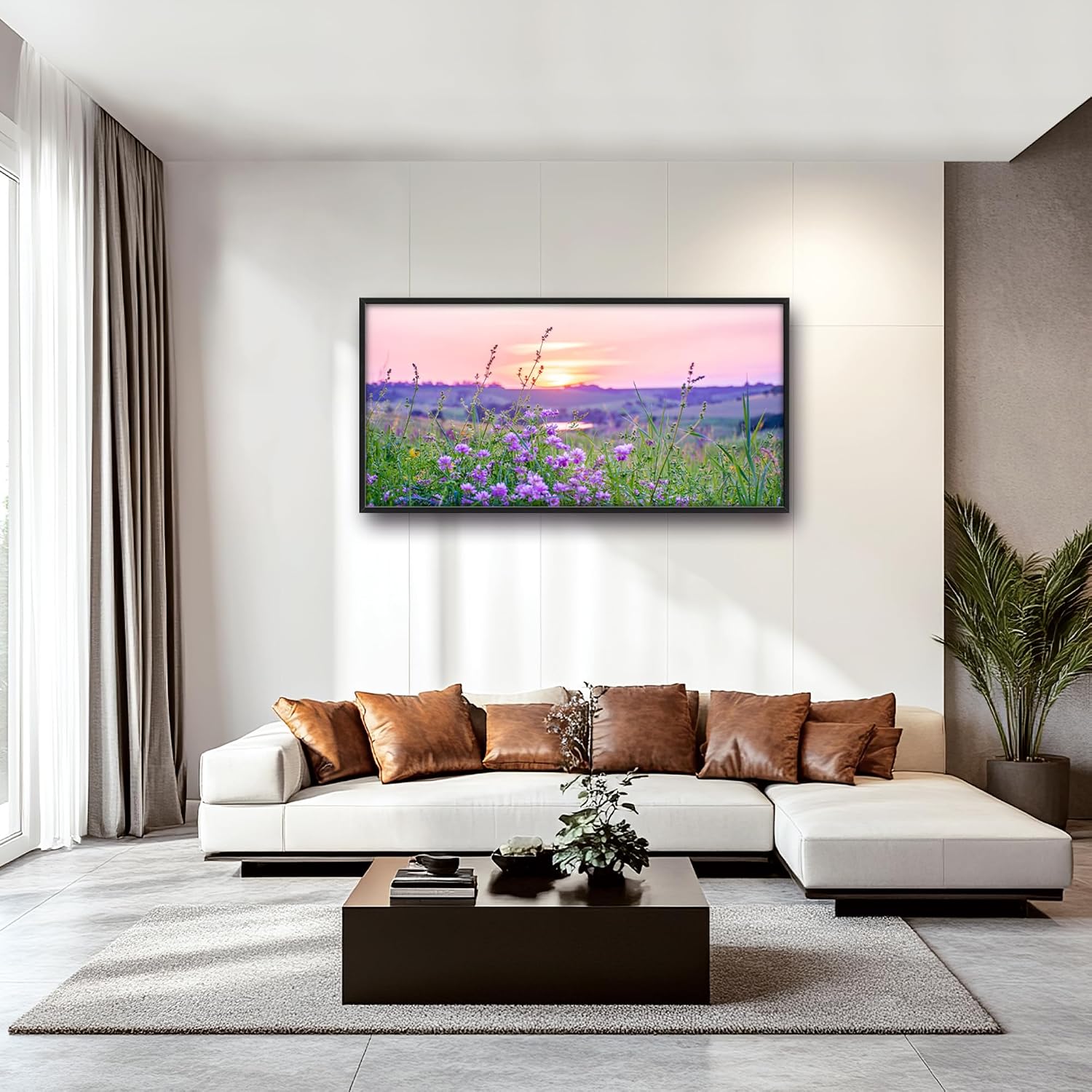 Nature Scenery Large Wall Art Sunset Framed Wall Decor for Living Room Countryside Wildflowers Pictures Oversized Canvas Print Painting Modern Extra Large Framed Artwork for Bedroom Office 60'x30'