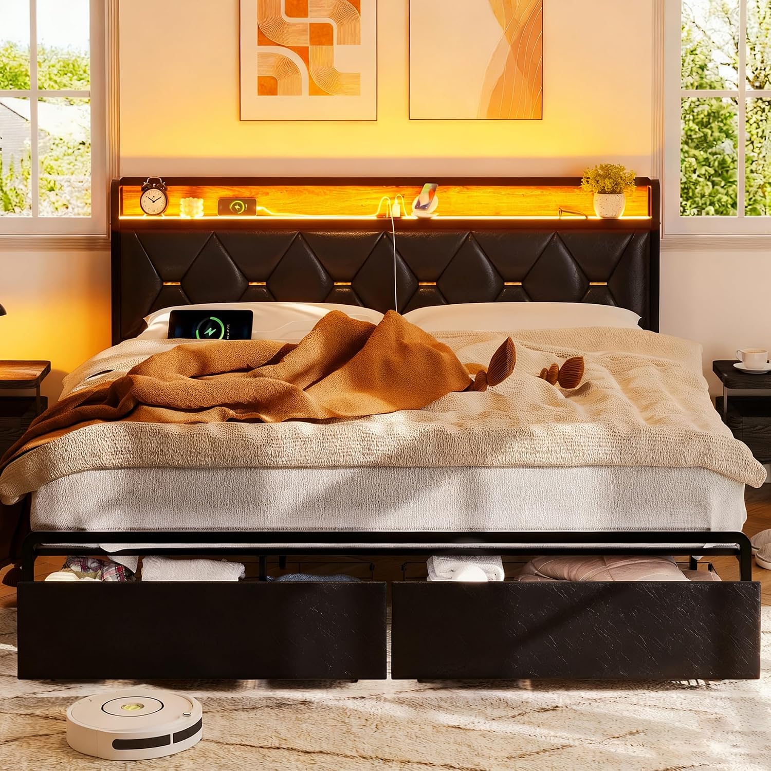 Ailisite King Size Bed Frame with 2 Storage Drawers, Faux Leather Upholstered King Bed Frame with Headboard and Storage and Charging Station, Led Bed, Heavy-Duty Metal Slats Support, Noise-Free,Black