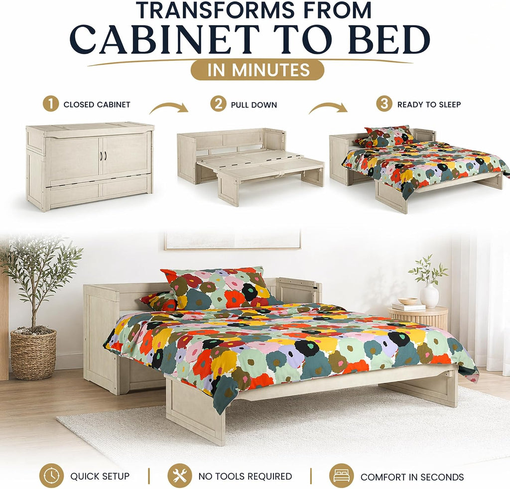 NIGHT & DAY Furniture Murphy Cube Cabinet Bed Queen – Fold-Out Space-Saving Guest Bed with Memory Foam Mattress – Provence Ivory Finish