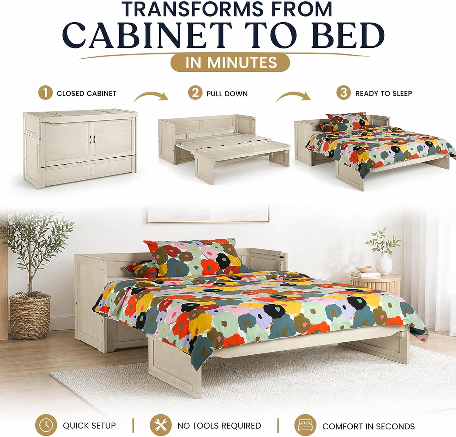 NIGHT & DAY Furniture Murphy Cube Cabinet Bed Queen – Fold-Out Space-Saving Guest Bed with Memory Foam Mattress – Provence Ivory Finish