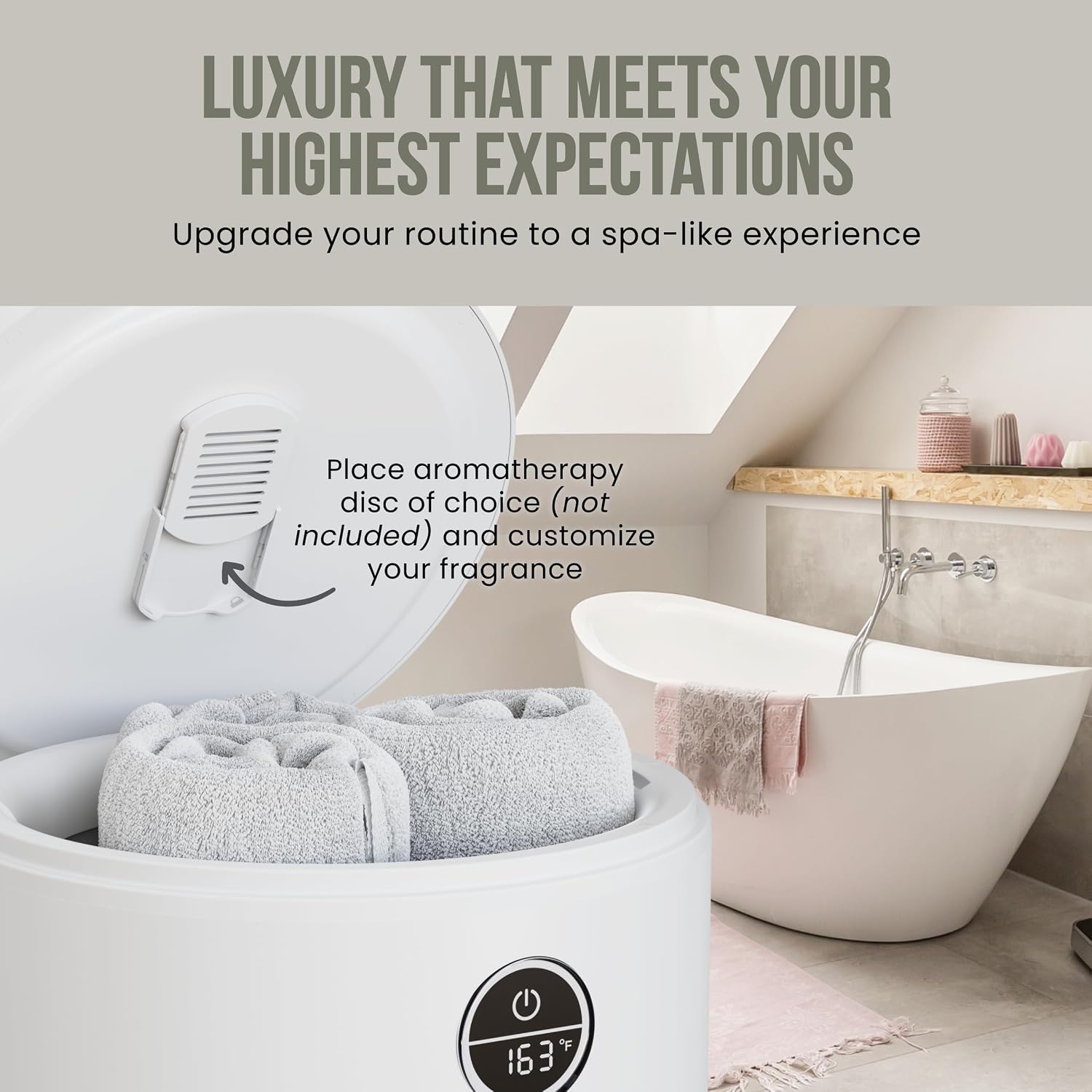 Fontaines Luxury Towel Warmer for Bathroom, Spa - Large Heated Thermal Bucket, Wood Handle, Safe Auto Shut Off, Fits Up to Two Large 40x70 Oversized Towels or Robes - White