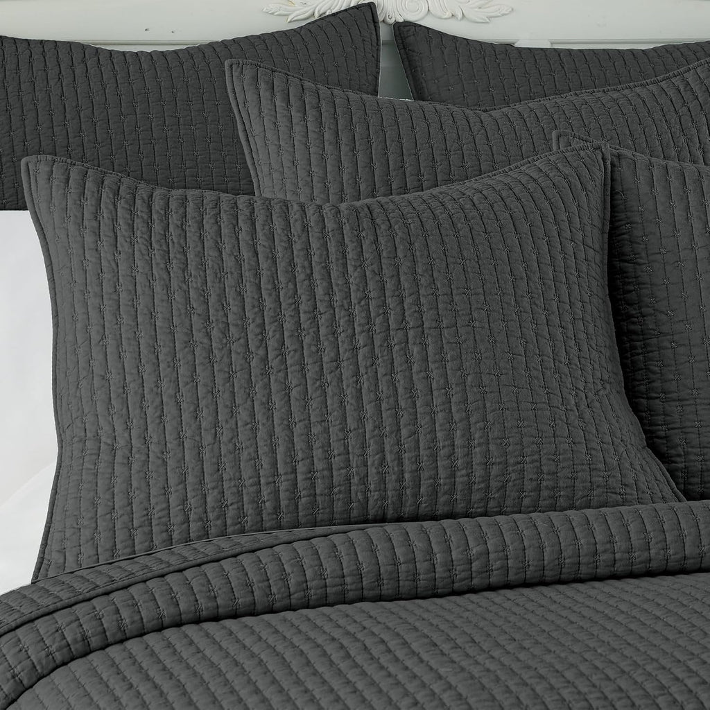 Levtex Home Cross Stitch Reversible King/Cal King Quilt Set (106x92in) and 2 Pillow Shams (36x20in) - Stitch Texture - Charcoal - Cotton King Size Quilt Bedding Set - Lightweight Soft Pre-Washed
