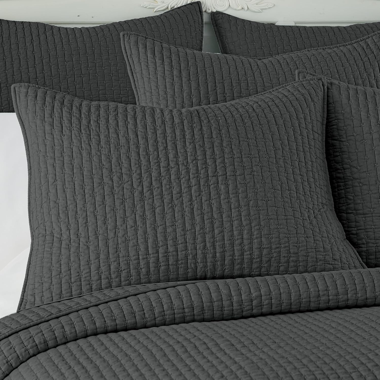 Levtex Home Cross Stitch Reversible King/Cal King Quilt Set (106x92in) and 2 Pillow Shams (36x20in) - Stitch Texture - Charcoal - Cotton King Size Quilt Bedding Set - Lightweight Soft Pre-Washed