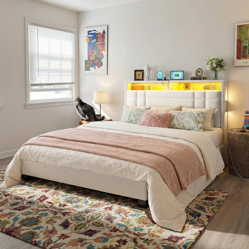 EnHomee Queen Bed Frame with Headboard Upholstered Platform Bed Frame Queen with LED Lights & Charge Station,Wood Slats Support,No Box Spring Needed,Beige