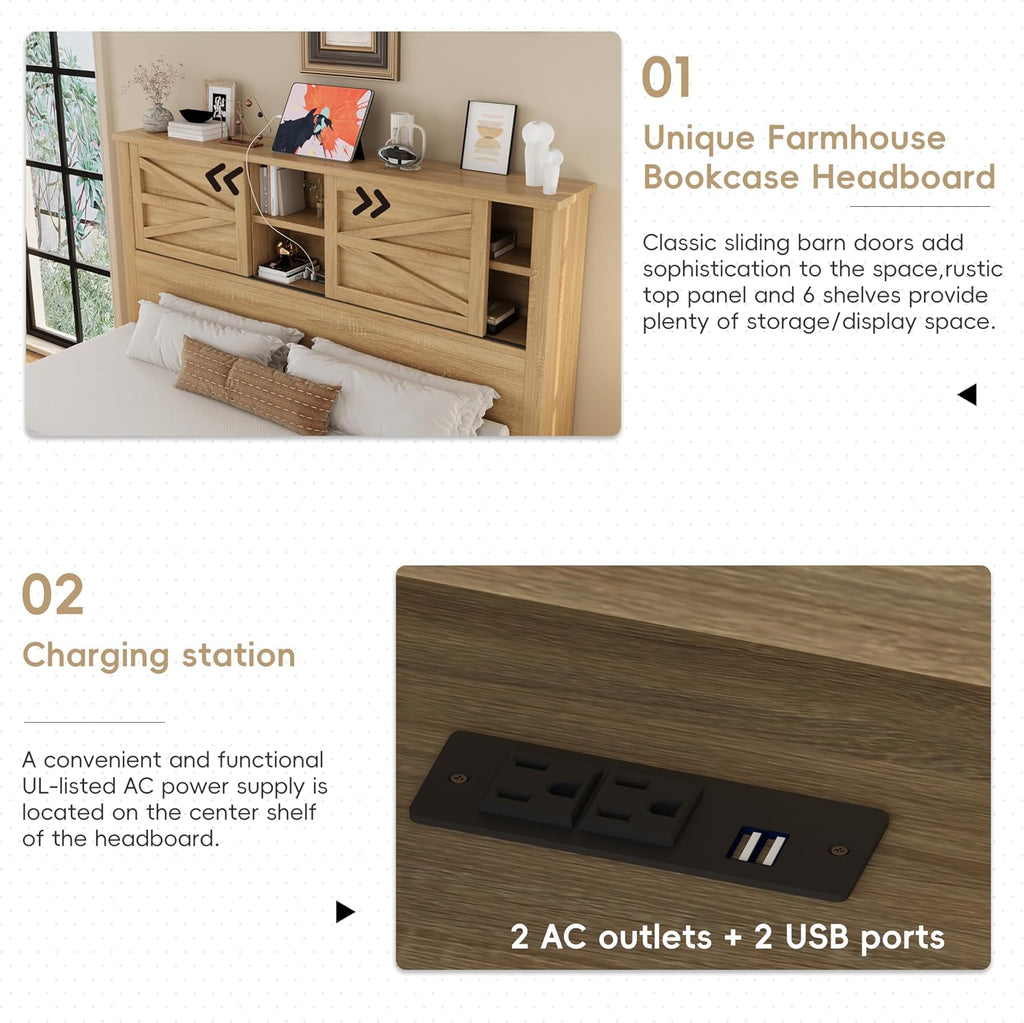 LUMISOL 3 Pieces Bedroom Sets,Farmhouse Platform Bed with Storage Nightstand and Dresser, Full Size Bed Frame with Storage Headboard and Charging Station, Natural