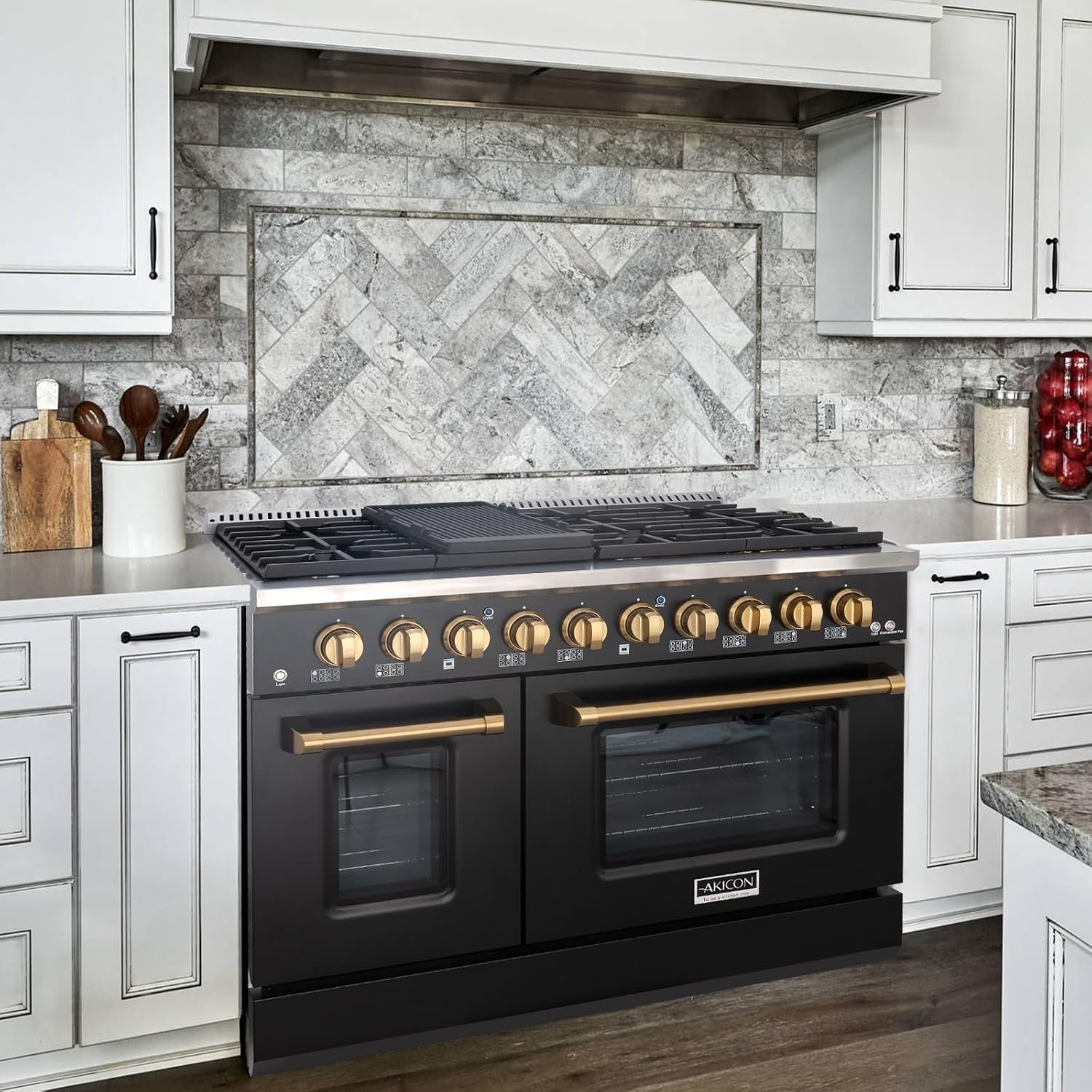 Akicon 48 Inch Freestanding Gas Range - 6.7 cu. ft. Double Rapid Convection Gas Oven - Gas Stove with 8 Sealed Burners & a Griddle, Heavy Duty Cast Iron Grates (Black & Gold)