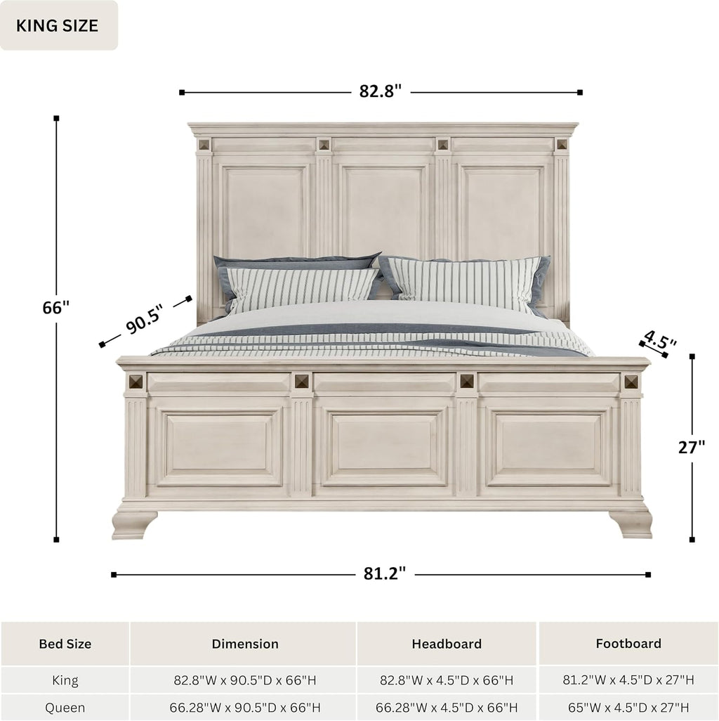 Roundhill Furniture Renova 3-Piece Distressed Parchment Bedroom Set, Bed with 2 Nightstands, King