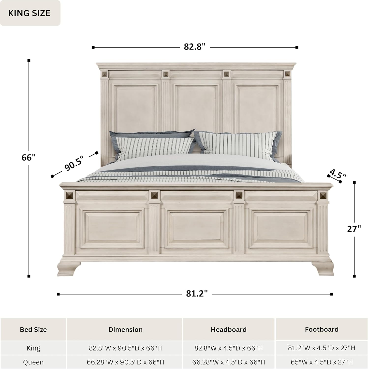 Roundhill Furniture Renova 3-Piece Distressed Parchment Bedroom Set, Bed with 2 Nightstands, King
