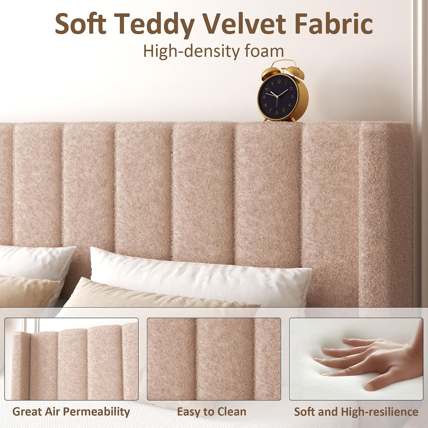 King Bed Frame with Headboard Upholstered Platform Bed Frame with Teddy Velvet Headboard, Wooden Slats Support/Wing Edge Design/No Box Spring Needed/Easy Assembly, Camle