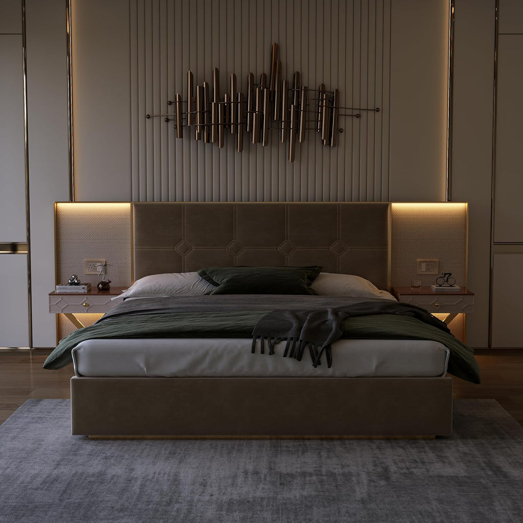 Luxurious King Platform Bed Frame with Metal Frame Headboard, Modern Velvet Upholstered Platform Bed with 2 Built-in Wall Lamps and Bedside Table for Bedroom Guestroom, Coffee