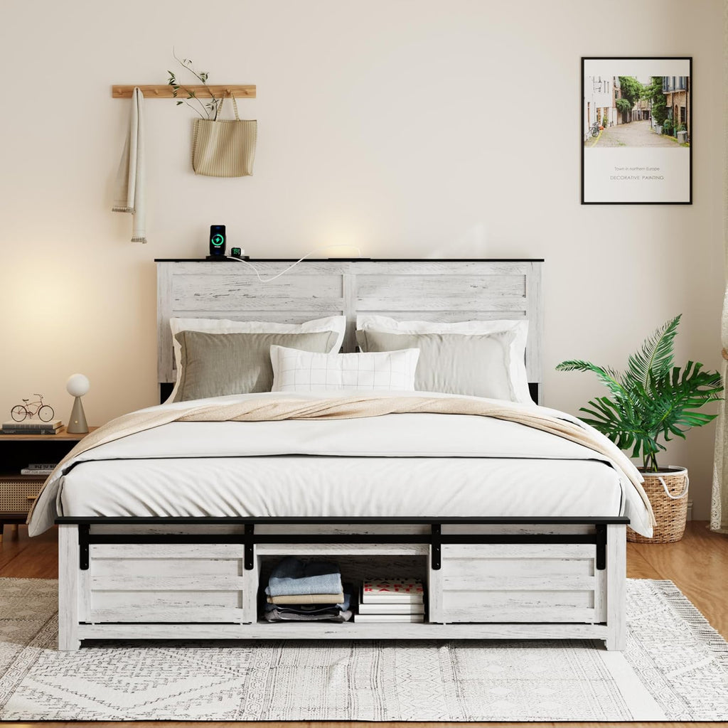 Wooden Full Size Bed Frame with Headboard, Boho White Farmhouse Storage Bedframe with Sliding Barn Door Footboard and Charging Station, Wood Slats, No Box Spring Needed