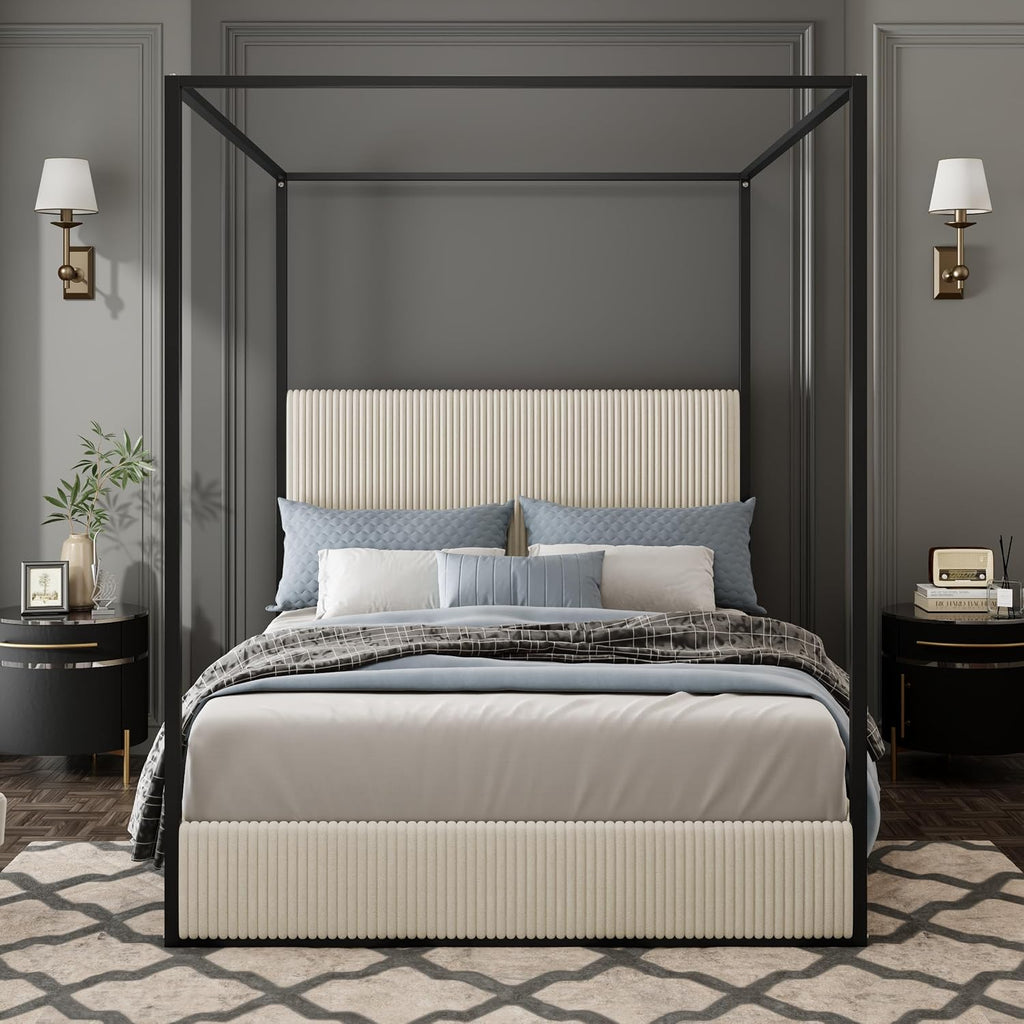 King Size Canopy Bed with Tall Upholstered Channel Headboard, Metal 4 Poster Upholstered Bed, No Box Spring Needed (Black+Cream, King//)