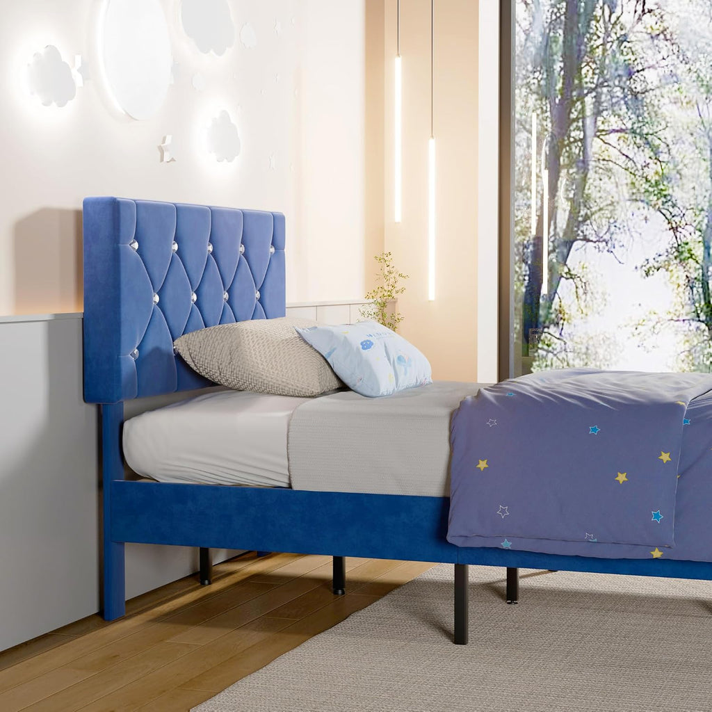 VECELO Twin Size Bed Frame, Upholstered Platform with Adjustable Diamond Tufted Headboard, Wood Slat Support, No Box Spring Needed, Navy Blue