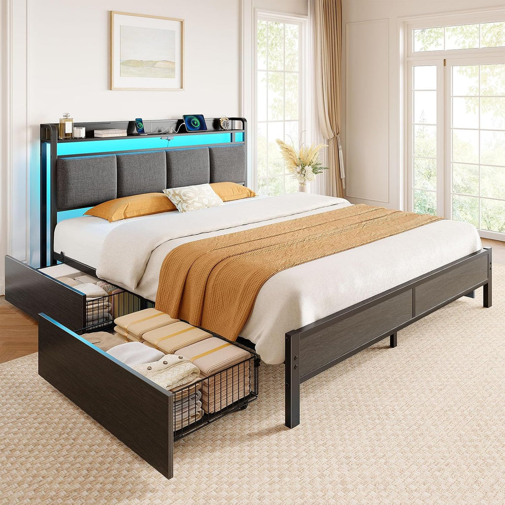 Rolanstar Bed Frame Full Size with Charging Station and LED Lights, Upholstered Storage Headboard with Drawers, Heavy Duty Metal Slats, No Box Spring Needed, Noise Free, Easy Assembly, Dark Grey
