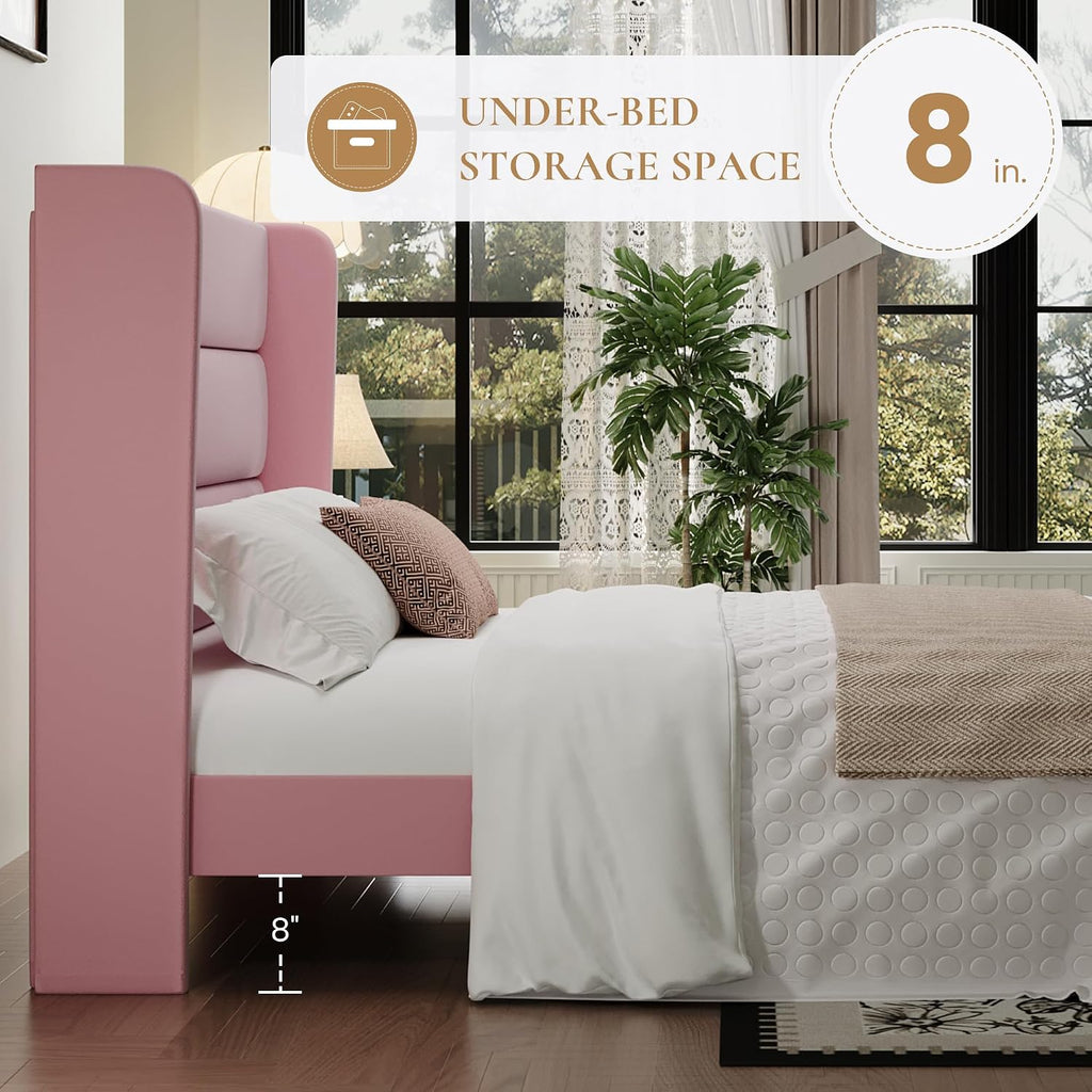 SHA CERLIN Queen Size Velvet Bed Frame with Wingback Headboard/Upholstered Platform Bed with Wooden Slats/Mattress Foundation/No Box Spring Needed/Easy Assembly/Pink