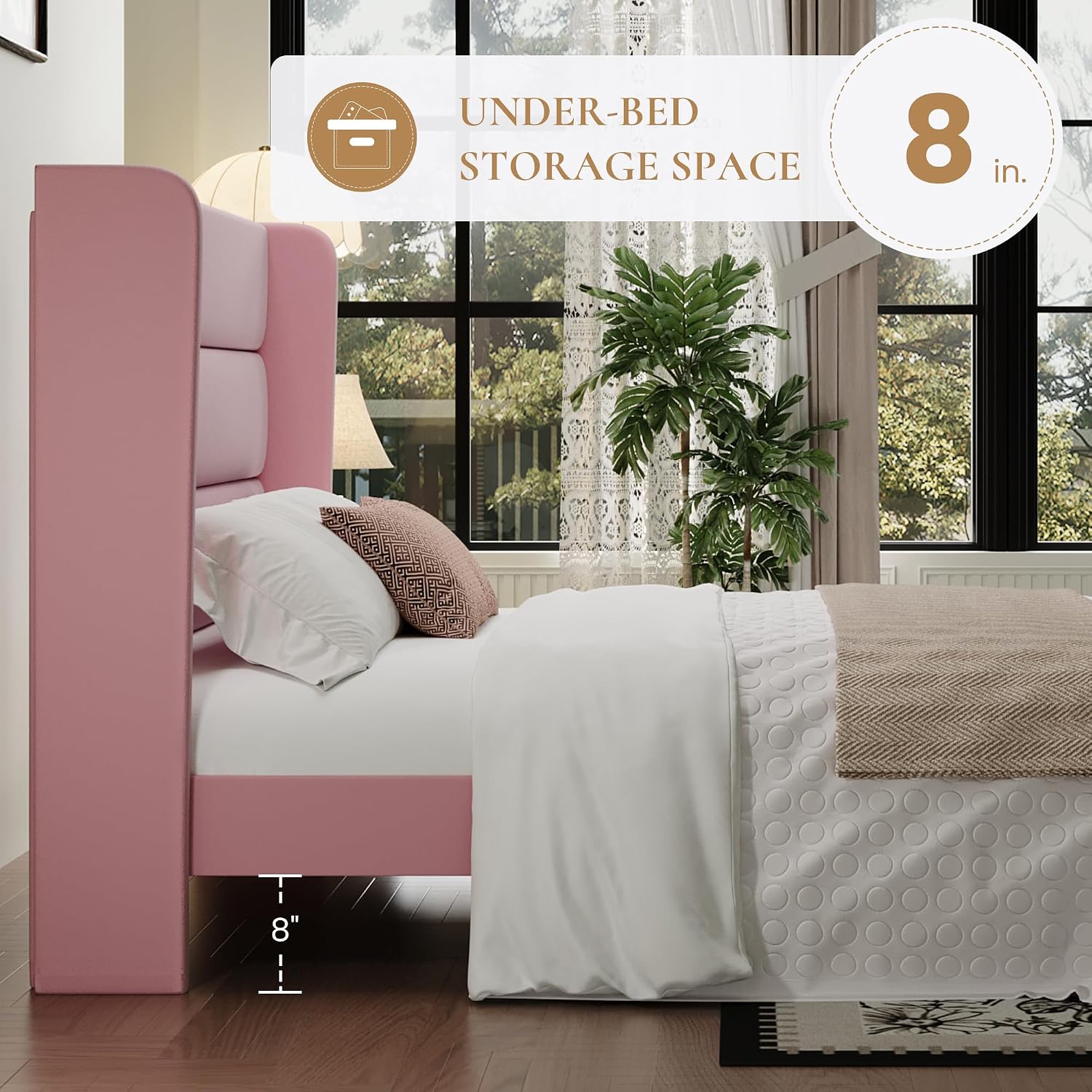 SHA CERLIN Queen Size Velvet Bed Frame with Wingback Headboard/Upholstered Platform Bed with Wooden Slats/Mattress Foundation/No Box Spring Needed/Easy Assembly/Pink