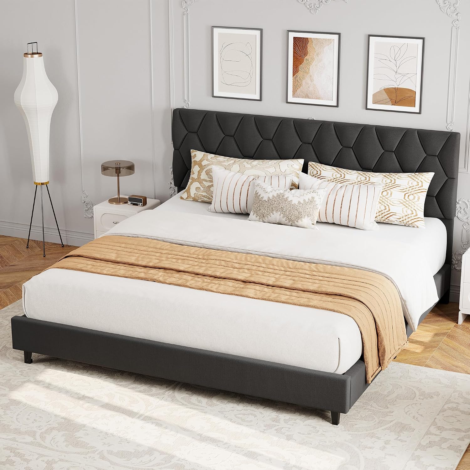 GarveeHome King Size Platform Bed Frame with Upholstered Headboard and Wooden Slats Support, Upholstered Mattress Foundation/No Box Spring Needed/Easy Assembly, Grey