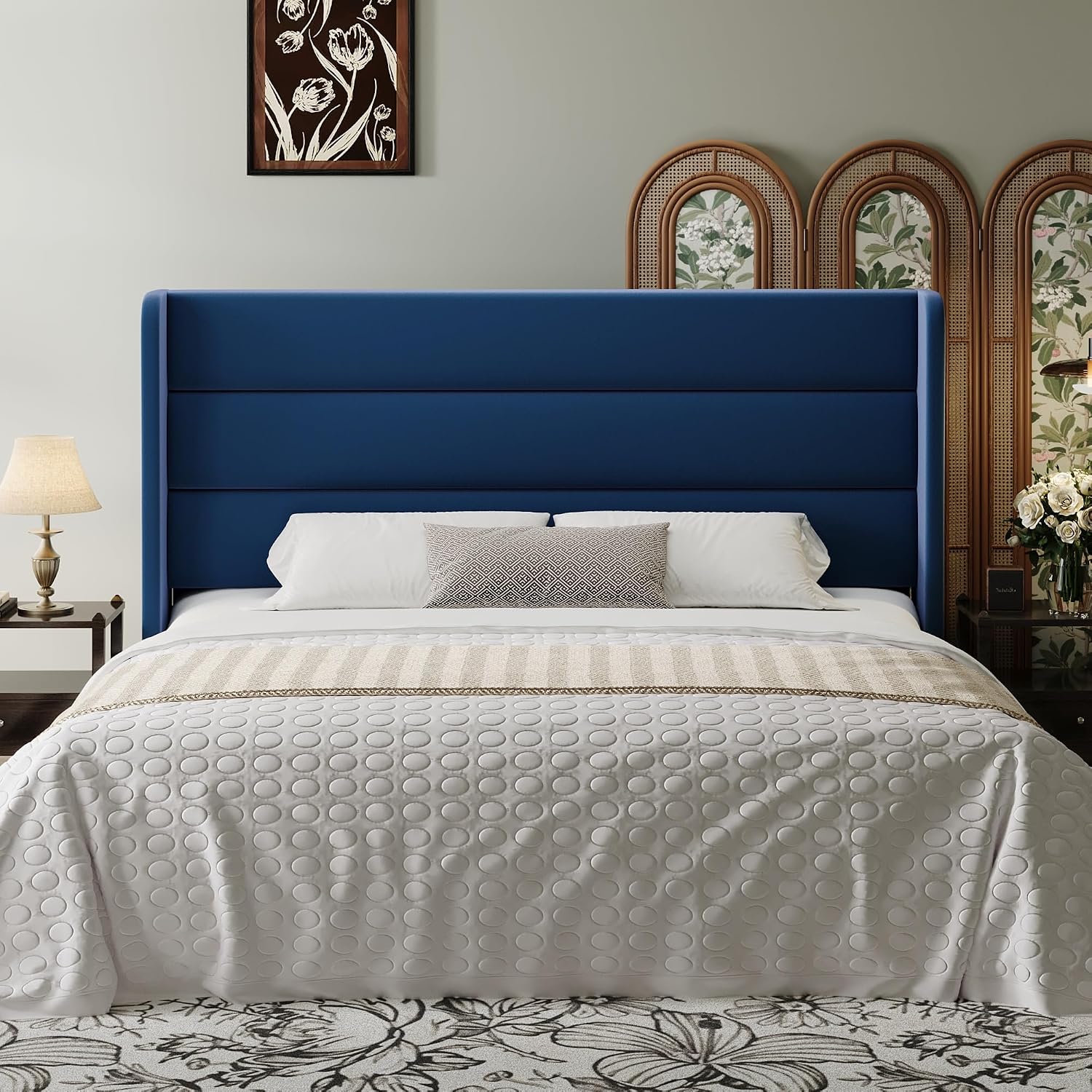 SHA CERLIN King Size Velvet Bed Frame with Wingback Headboard/Upholstered Platform Bed with Wooden Slats/Mattress Foundation/No Box Spring Needed/Easy Assembly/Blue
