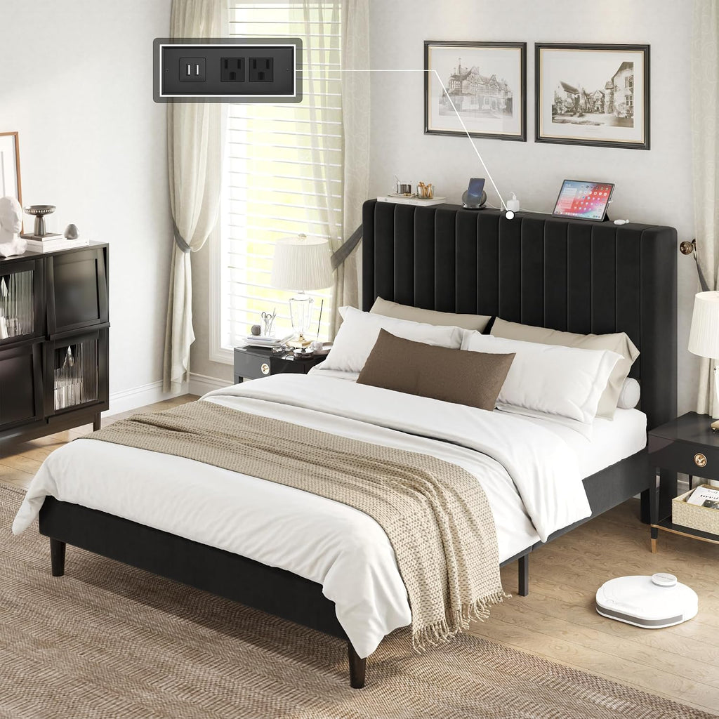 VanAcc Queen Size Bed Frame, Velvet Upholstered Platform Bed with Channel Tufted Headboard, Mattress Foundation with Wood Slats, No Box Spring Needed, Noise Free, Black