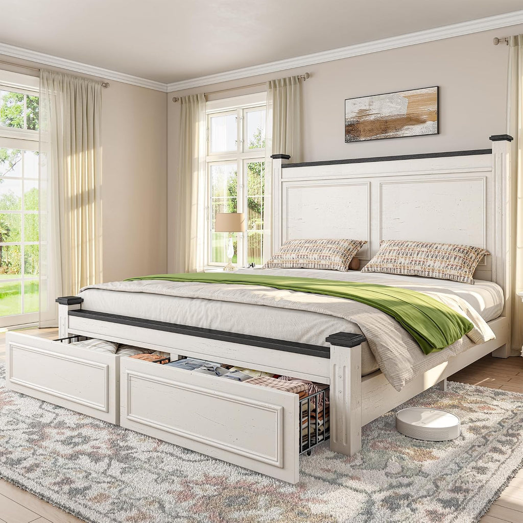 Homkdom Farmhouse Full Size Bed Frame, 51' Tall Full Bed Frame with Headboard, Bed Frame with 2 Storage Drawers, No Box Spring Needed, White
