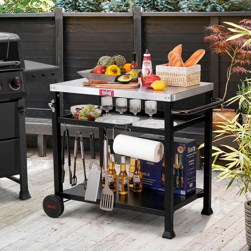 Feasto 3-Shelf Pizza Oven Table with 33.5' x 21.7' Stainless Tabletop, Outdoor Grill Cart with Tank Hook for Pizza Ovens & Griddles, Heavy-Duty Prep Station for Patio BBQ and Deck Parties, Black