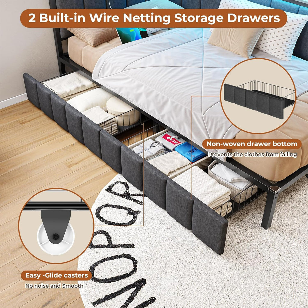 DICTAC Twin Corner Bed Frame with 2 Storage Drawers and Charging Station Twin Bed Frames with Storage and Led Lights Twin Size Daybed for Kids Teen with Upholstered Guardrail,No Box Spring Needed,Gray